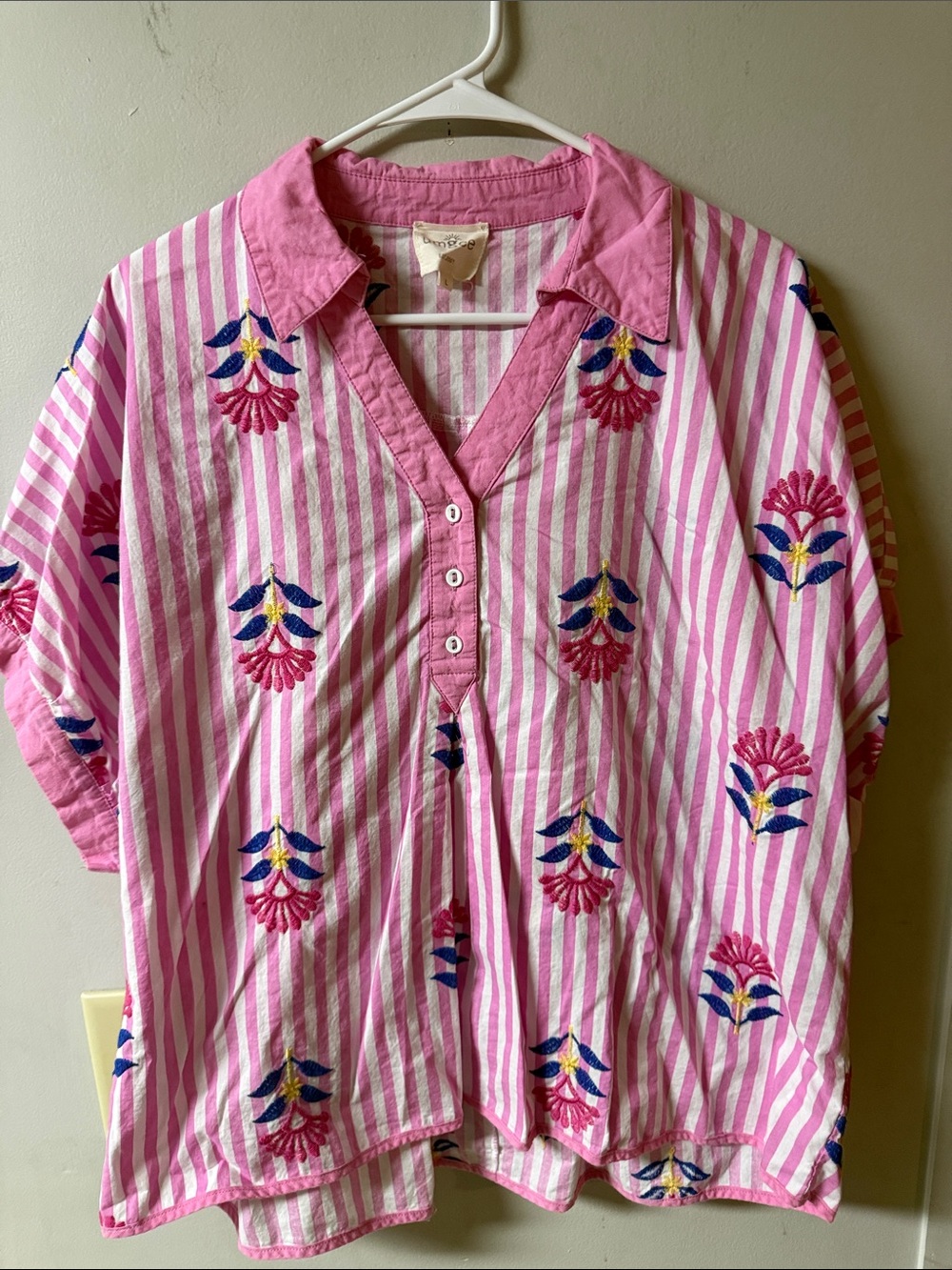 Umgee Pink & White Striped Embroidered Tunic Blouse